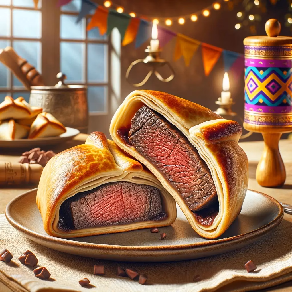 A natural and appetizing display of Wagyu Beef Hamantaschen on a plate, featuring golden-brown crusts with visible juicy Wagyu beef filling. The background includes festive Purim decorations like a colorful gragger and a Megillah scroll, creating a warm, homely, and celebratory atmosphere for Purim with a gourmet twist.
